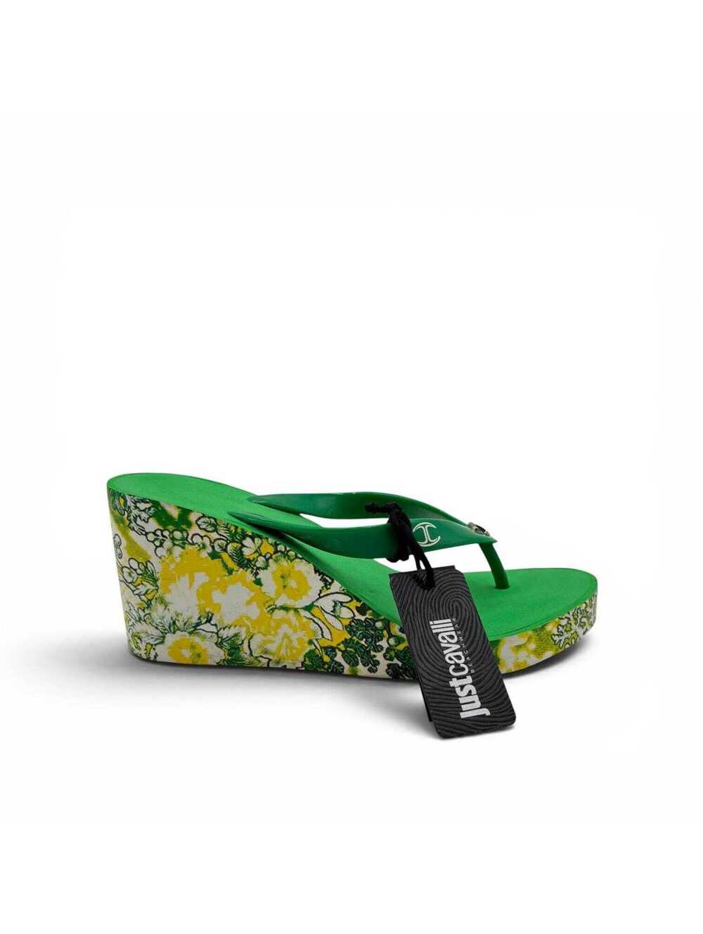 Just Cavalli Green Floral Wedge Flip Flop Sandals 37